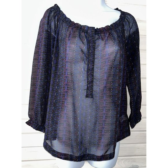 AMERICAN EAGLE Sz MEDIUM Poly Chiffon Peasant Blouse Tunic Blue Pink EUC - Picture 2 of 10